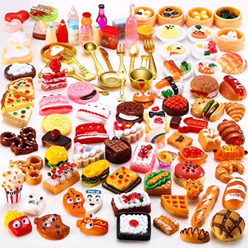 100 Pieces Miniature Food Drinks Toys Mixed Pretend Foods for Dollhouse Kitchen Play Resin Mini Food for Adults Teenagers Doll House (Hamburger, Pizza, Cake, Bread) - Hamburger, Pizza, Cake, Bread