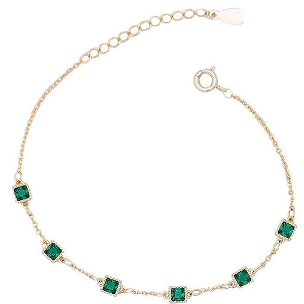 SUTTONRAL Elegant 14K Yellow Gold Bracelet with Square and Rectangle Emerald Sparkle, Adjustable Design Gemstone Bracelet, Birthday Gift for Women