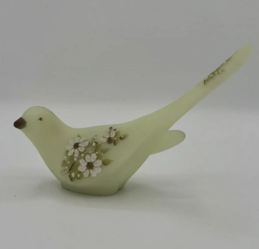 Vintage Fenton Custard Uranium Glass Hand Painted Bird W/Flowers