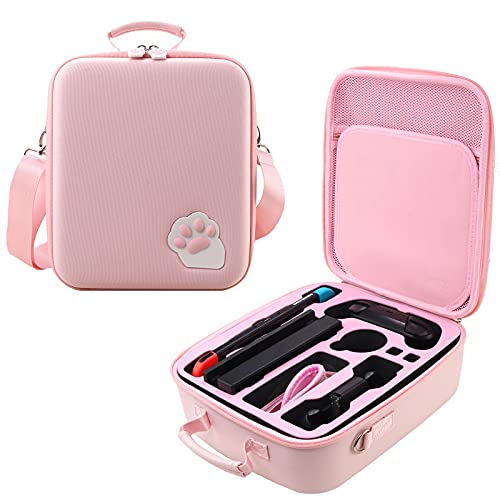 Portable Hard Shell Nintendo Switch Case,Pink Cute Cat Paw Deluxe Storage Shoulder Bag Compatible with Nintendo Switch for Console, Dock, Pro Controller, Joy-Con grip, Pokeball Plus & Accessories. - Pink