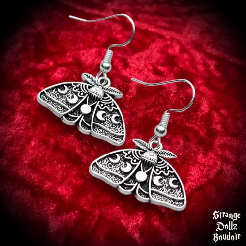 Lunar Moth earrings, 925 sterling silver, Moonphase Celestial Witchy Gothic, Strange Dollz Boudoir