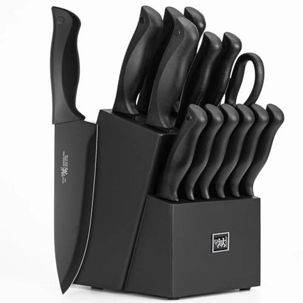 Knife Sets for Kitchen with Block, HUNTER.DUAL 15 Pcs Kitchen Knife Set with Block Self Sharpening, Dishwasher Safe, Anti-slip Handle, Black