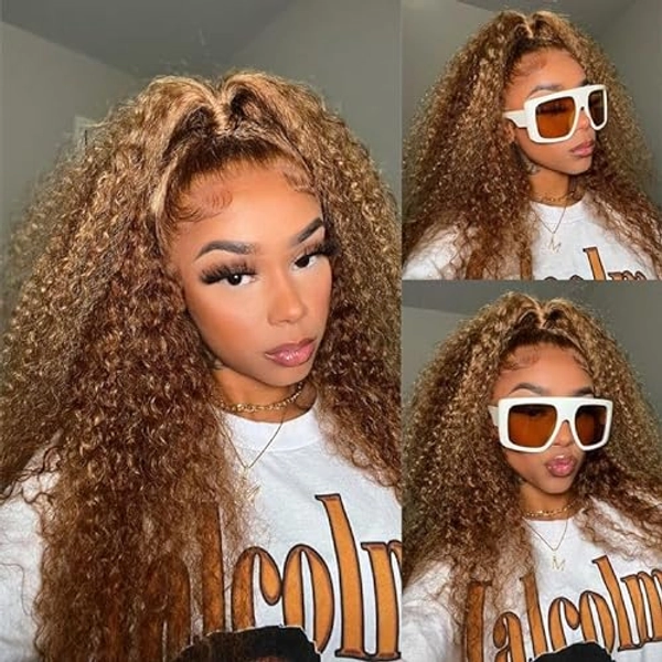 Blomas Highlight Lace Front Wig Human Hair Deep Wave Ombre Honey Blonde 13x6 Transparent Lace Front Wigs For Black Women Brown Lace Front Human Hair Wigs 180% Density P4/27 26 Inch Lace Frontal Wig