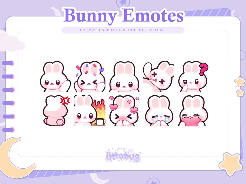 Bunny Rabbit Emotes (10 Pack) for Twitch, YouTube, Discord | White and Pink Emotes, Budget-Friendly Streaming Assets