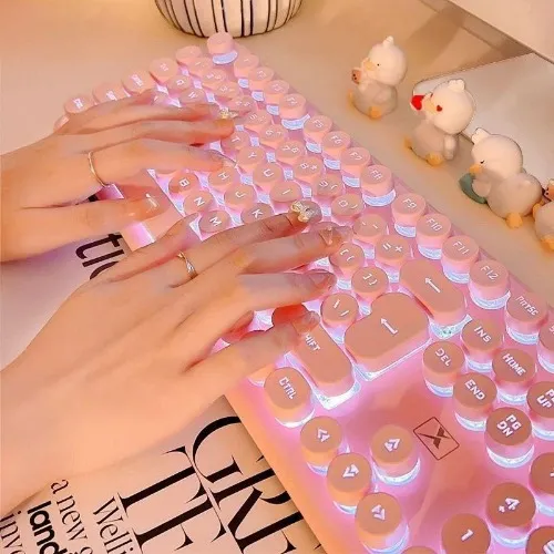 Girlfriend Gift Pink Cute Girl Mechanical Feel Wired Punk Keyboard Mouse Set Game Office Computer Universal Bass