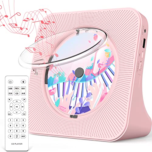 Greadio CD Player Portable with Bluetooth 5.0, HiFi Sound Speaker, CD Music Player with Remote Control, Dust Cover, FM Radio, LED Screen, Support AUX/USB, Headphone Jack for Home, Kids, Kpop, Gift - Pink