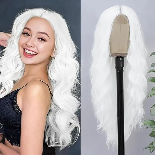 BUPPLER Cosplay Long White Wig 28 Inch Middle Part Synthetic Wig Realistic Gifts Party Wigs for Women Daily Use Colorful Wigs (White) - 28 Inch - White