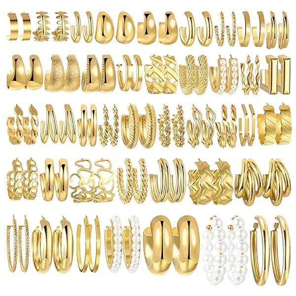 42 Pairs Gold Hoop Earrings Set for Women, Fashion Chunky Pearl Earrings Multipack Twisted Statement Earring Pack, Hypoallergenic Small Big Hoops Earrings for Birthday Party (Gold-42 pairs-chunky) - Gold-42 pairs-chunky