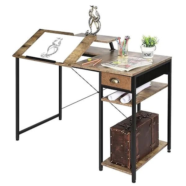 X-cosrack Computer Desk with Storage Shelves Drawer, 43” Home Office Desk with Monitor Stand, Adjustable & Tiltable Draft Drawing Table Writing Study Workstation for Home Office Artist