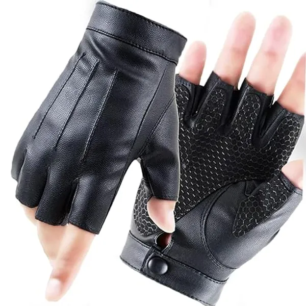 LJCZKA Fingerless Driving PU Leather Gloves Outdoor Sport Faux Half Finger with Anti-Slip Layer Glove for Men Women