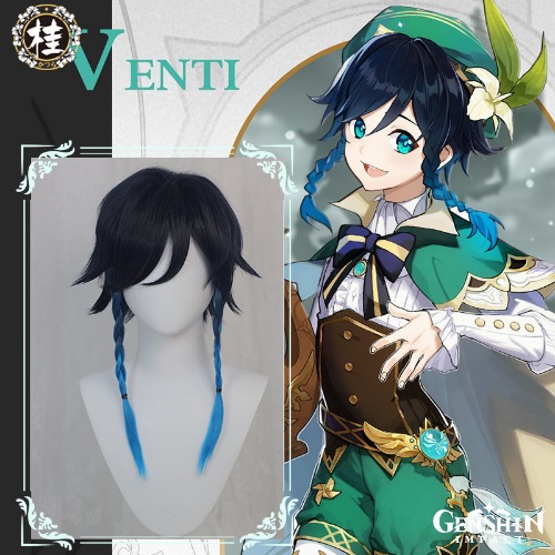 Uwowo Game Genshin Impact Venti Windborne Bard Cosplay Wig Tone-Deaf Bard 50cm Dark blue light blue Gradient Short Hair