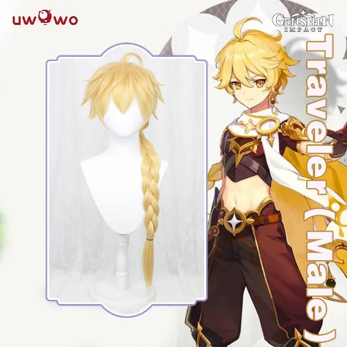 Uwowo Genshin Impact Male Traveler Cosplay Wig 90cm Gold Braided Hair Aether/Sora/Gong/空