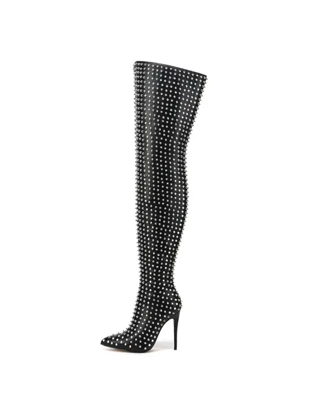 Giaro TINDRA black thigh high boots with silver studs