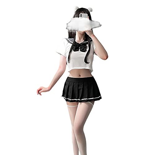 SINGUYUN Japanese School Girls Uniform lattice Pleated Skirt Anime Cosplay Lingerie JK Costume Sexy With Socks - 6908white Black