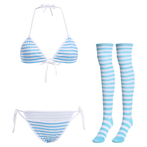 ABAFIP Women Cute Kawaii Anime Lingerie set Halter Strap Micro Bra Tiny Panty Garter Belt Striped Stockings 4Pcs Underwear - One Size - Blue - Pinstripes