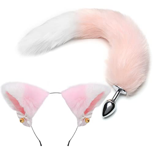 AKStore Fox Tail Anal Butt Plug Sex Toys for SM & Cospaly (Pink-White + Ear) - Pink-white + Ear