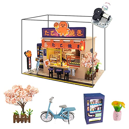 WYD Star Octopus Burning Japanese Style Takoyaki Shop Mini Doll House Kit Assembled LED Light Model Wind and Gift with Dust Cover and Music - M913