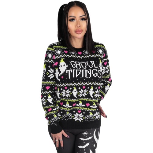 Ghoul Tidings Creepy Christmas Sweater - 2X / Black/Green