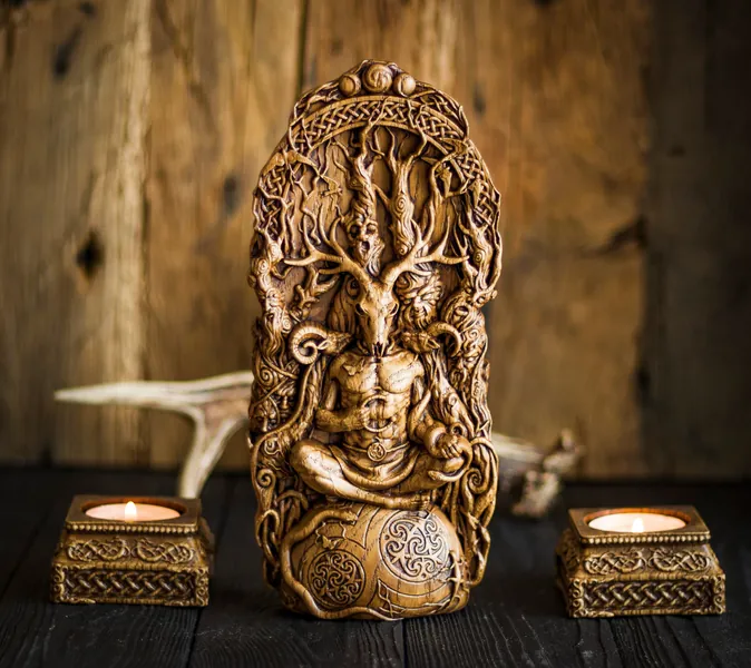 Cernunnos, Cernun, wood horned god, celtic god, altar statue, pagan god, wiccan, druid