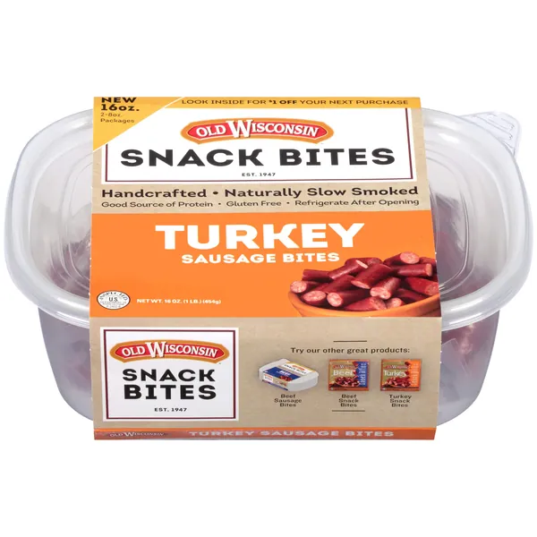Old Wisconsin Turkey Sausage Snack Bites, Naturally Smoked, Ready to Eat, High Protein, Low Carb, Keto, Gluten Free, 16 Ounce Resealable Tub with Two Stay-Fresh 8 Ounce Packs - Turkey Snack Bites