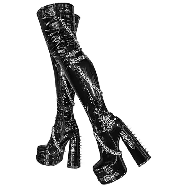 blingqueen Damen Overknee Plateau Blockabsatz Stiefel Punk Boots High Heels