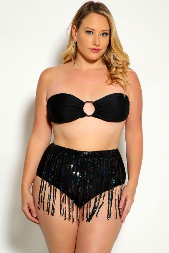 Black Fringe Sequins Bandeau Plus Size Two Piece Swimsuit - 1X / Black