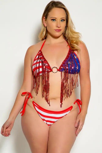 Flag Red Sequin Fringe O-Ring Plus Size Two Piece Swimsuit - 1X / Multi