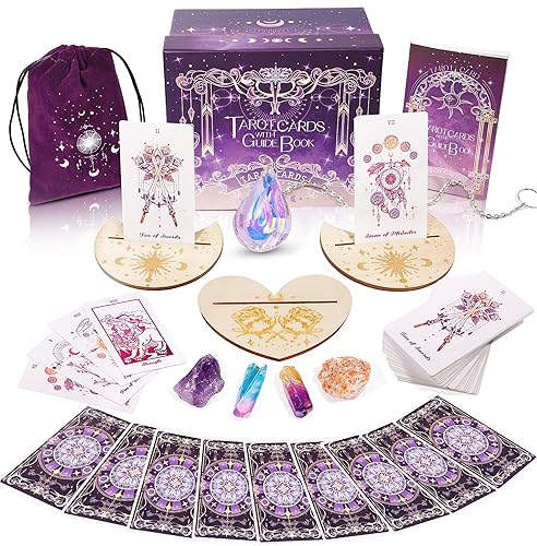 TIRLANO 78 Tarot Cards with Guide Book - Tarot Deck Gift Set with Tarot Cloth, Chakra Stones & Tarot Bag, Purple Tarot Cards Fortune Telling Game Craft Cardboard for Beginners and Expert Readers