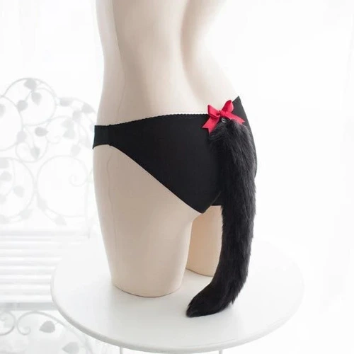 Long Kitten Tail Panties - Black
