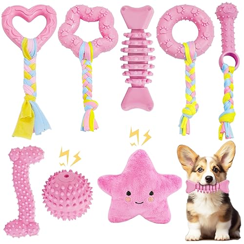 MRSOHRET Puppy Toys, 8 Pack Puppy Chew Toys for Teething, Cute Pink Small Dog Toys Set, Teething Toys for Puppies, Soft Durable Interactive Chew Toy for Small Dogs - Pink