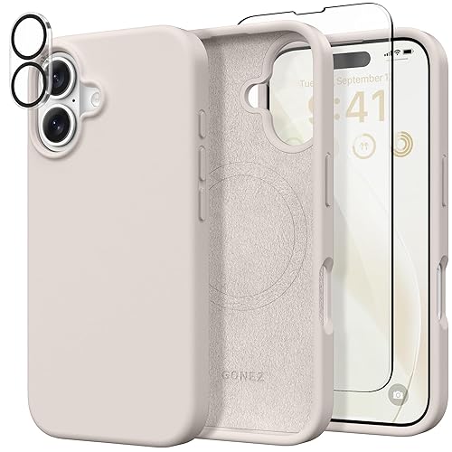 GONEZ Magnetic for iPhone 16 Case, [Compatible with Magsafe] [2X Screen Protector + 2X Camera Lens Protector], Liquid Silicone Shockproof Protective Phone Case for iPhone 16 6.1", Stone - A-Stone