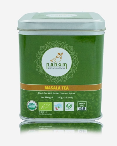 NAHOM, India's Masala Chai Tea Loose Leaf | 50 cups, Blend of Black Tea, Cinnamon, Cardamom, Black Pepper | Ancient Indian House Recipe of Spiced Masala Tea | Chai Latte Suited I 3.53oz / 100g TIN