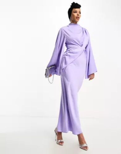 ASOS DESIGN Modesty satin wrap maxi dress with drape bodice and kimono sleeve in lilac | ASOS
