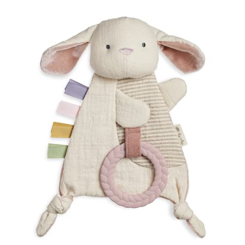 Itzy Ritzy - Bitzy Crinkle Sensory Toy with Teether; Features Ribbons, Crinkle Sound & Soft, Braided Teething Ring; Bunny - Bunny