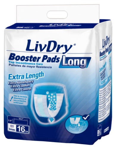 Incontinence Booster Pads by LivDry | Extra Absorbent Protection for Adults, Unisex | Disposable Comfortable Pad (16 Count, Long Length) - 20 Count (Pack of 1) Regular Length