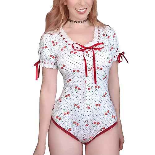 Littleforbig Cotton Romper Onesie Pajamas Bodysuit – Lolita Glitter Cherry Onesie - Glitter Cherry - Small