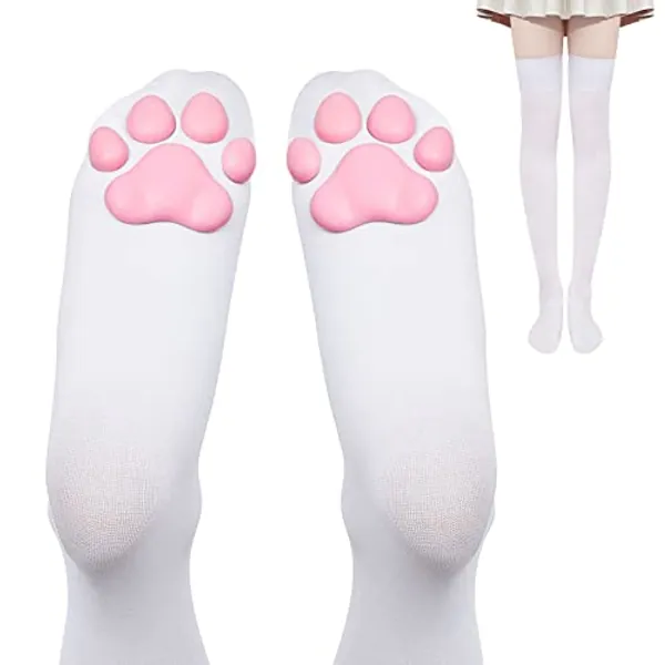 Geyoga Cat Paw Pad Socks Thigh High Pink Cute 3D Kitten Claw Stockings for Girls Women Cat Cosplay