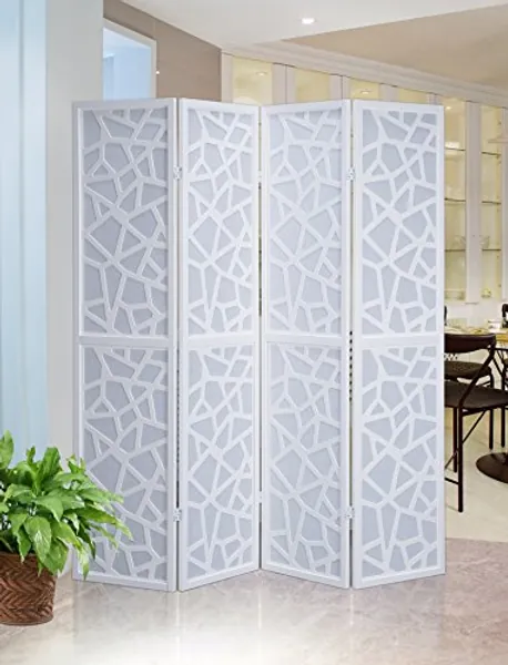 Roundhill Furniture Giyano 4 Panel Screen Room Divider, White
