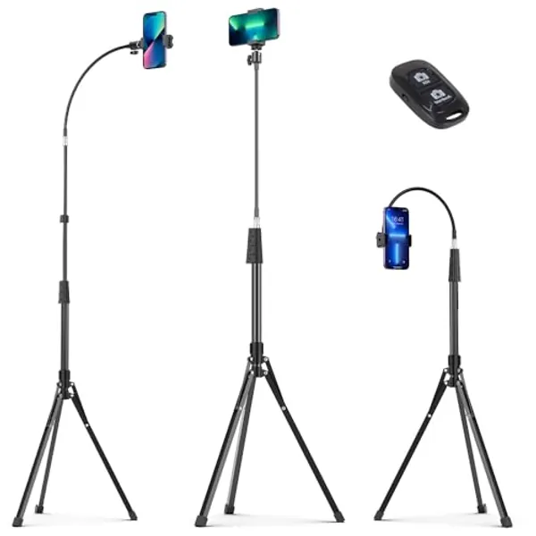Eicaus 92’’ Tall Cell Phone Tripod Stand with 16.5’’ Flexible Gooseneck and Remote, Overhead Tripod with Adjustable 360°Ball Head & Phone Holder for iPhone 15 Pro Max/Plus/14/13/12/11, Android