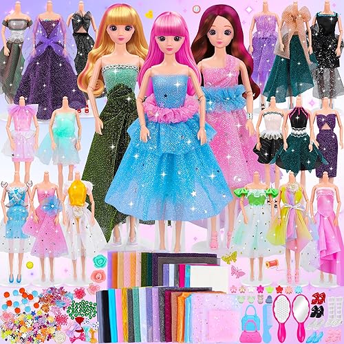 Fashion Designer Kit for Girls, Sewing Kit with 3 Dolls 3 Mannequins, Doll Clothes and Accessories Making Kit, DIY Arts and Crafts Kit for Kids, Toy Gift for 6 7 8 9 10 11 12 Year Old Girls Kids - D005