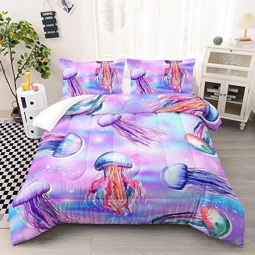 AILONEN Jellyfish Comforter Set Queen Size, Cartoon Sea Animal Jellyfish Bed in a Bag for Kids Girls,Tie Dye Starry Night Bedding Set,3PCS 1 Quilt Set + 2 Pillowcases, - Jellyfish16 - Queen