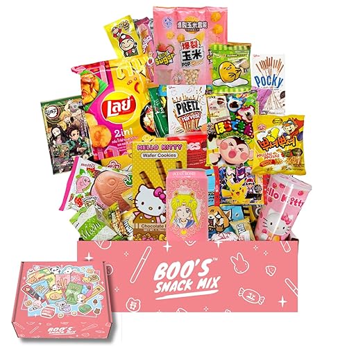 Boo’s Asian Mystery Snack Box 30 Pieces + candy. Including mochi , mini ice cream cone, Asian noodles, soda; Variety of Savory and Sweet Snacks Asian Treats