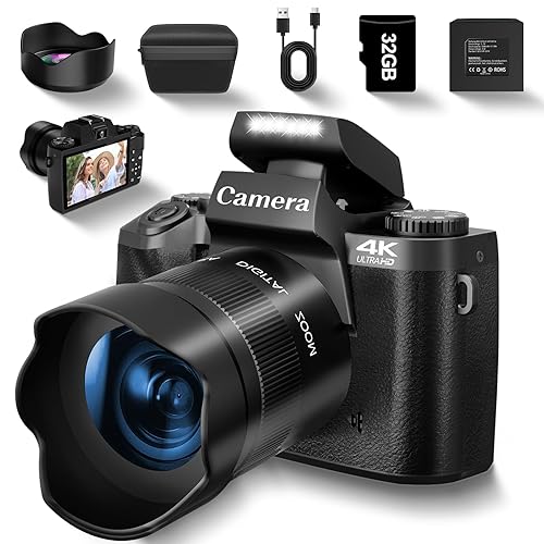 4K Digital Camera for Photography, Vlogging Camera for Youtube with Autofocus, WiFi Touchscreen 16X Digital Zoom Video Camera with 3000mAh Battery, Dual-lens, Lens Hood, 32GB TF Card and Flash,Black