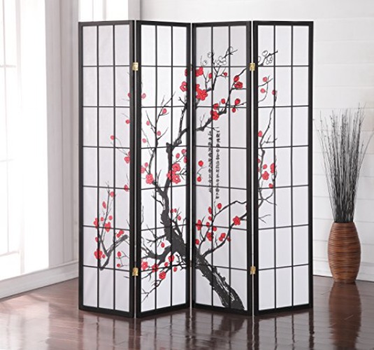 Roundhill Furniture Black Japanese 4-Panel Screen Room Divider, Plum Blossom