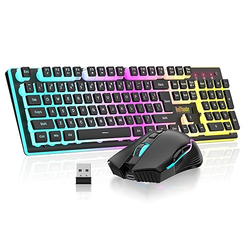 RedThunder K10 Wireless Gaming Keyboard and Mouse Combo, RGB Backlit Rechargeable 3800mAh Battery, Mechanical Feel Anti-ghosting Keyboard with Pudding Keycaps + 7D 3200DPI Mice for PC Gamer (Black) - Black Pudding