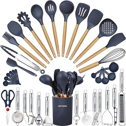 Cooking Utensils Set- 35 PCs Kitchen Utensils with Grater,Tongs, Spoon Spatula &Turner Made of Heat Resistant Food Grade Silicone and Wooden Handles Kitchen Gadgets Tools Set for Cookware - Blue