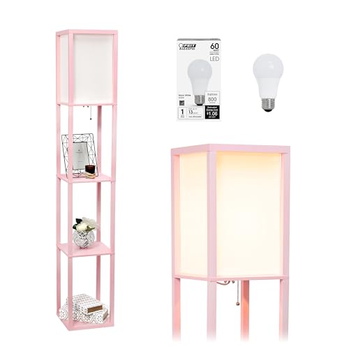 Simple Designs LF1014-LPK-LB Three Shelf Etagere Organizer Storage Floor Lamp with White Linen Shade for Living Room, Bedroom, Office, Hallway, Light Pink, with Feit LED Bulb Included - 1 - Light Pink - Bulb Included