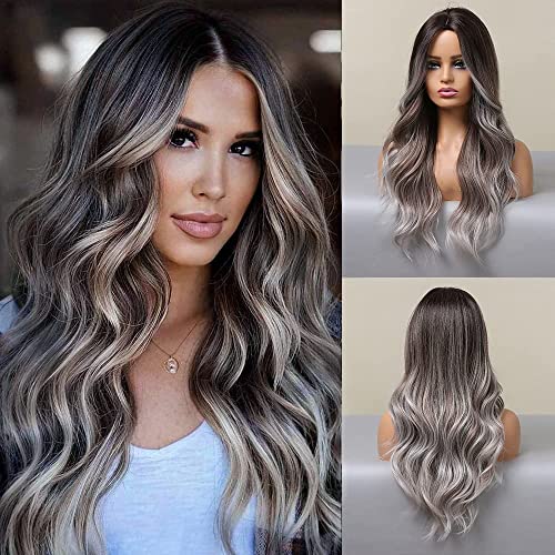 Haoland 26 Inch Long Gray Wig For Women Ombre Gray With Dark Roots Wavy Wig Middle Part Synthetic Wig For Cosplay Daily Party Use - Dark Gray
