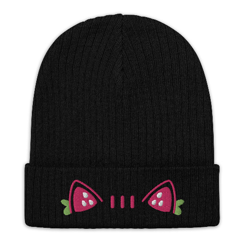 Strawberry Cat Knit Beanie - Black