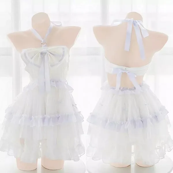 Girly Cute Bow Ruffled Sling Bubble Skirt Princess Halter Nightdress Pajamas Lingerie Set Sexy Lingerie